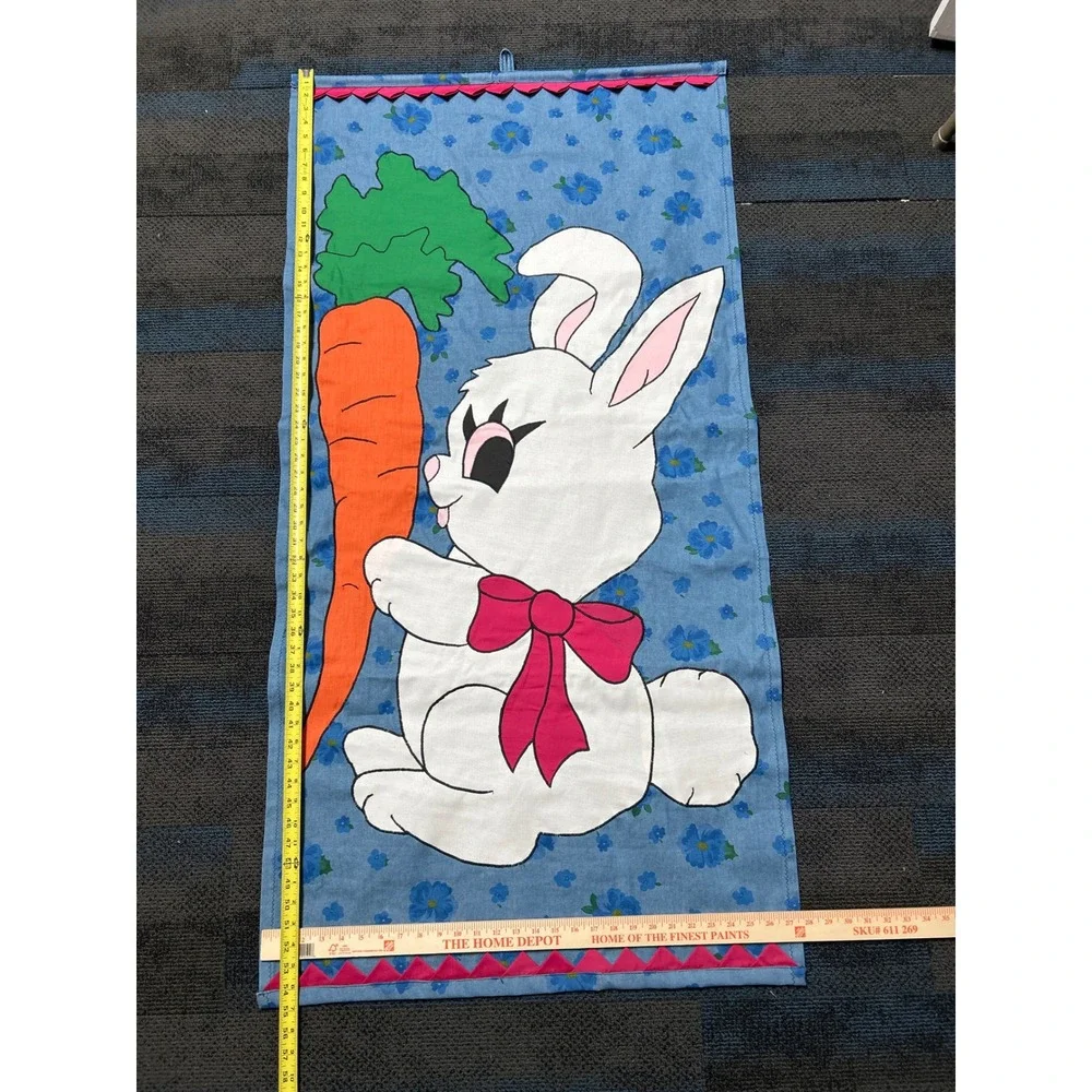 Easter Spring Bunny Rabbit Fabric Wall Hanging Carrot 55x28 Vtg Handmade Art